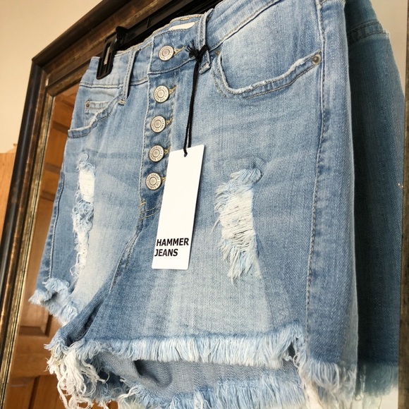 Hammer Jeans Denim Shorts - High Rise | Light Wash | Distressed | Frayed | Jean - Picture 2 of 7